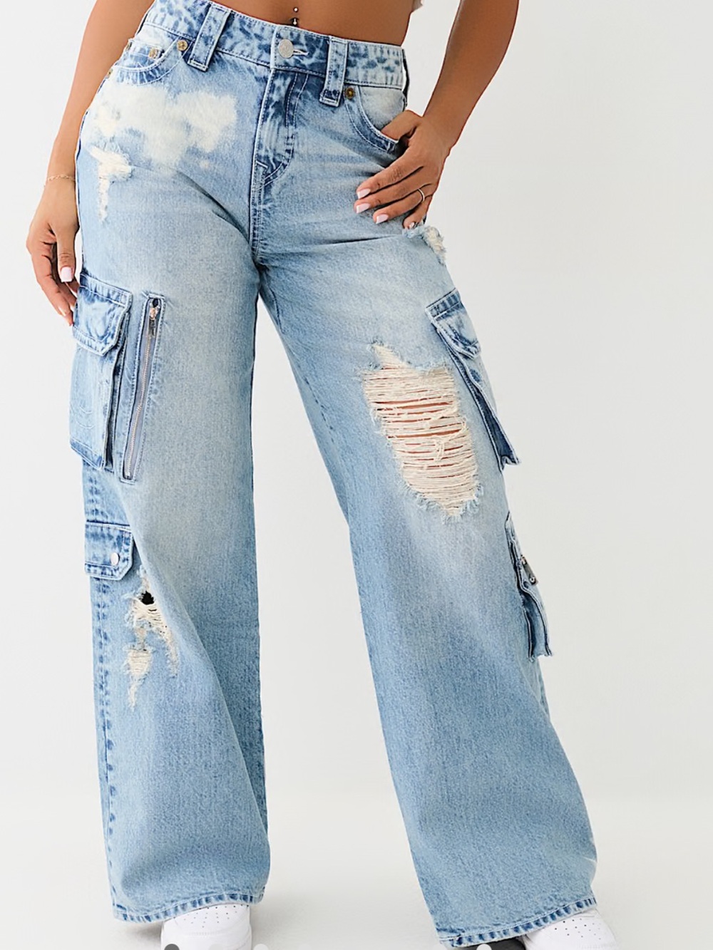 True Religion Light Blue Distressed Wide Leg Cargo Jeans NWOT